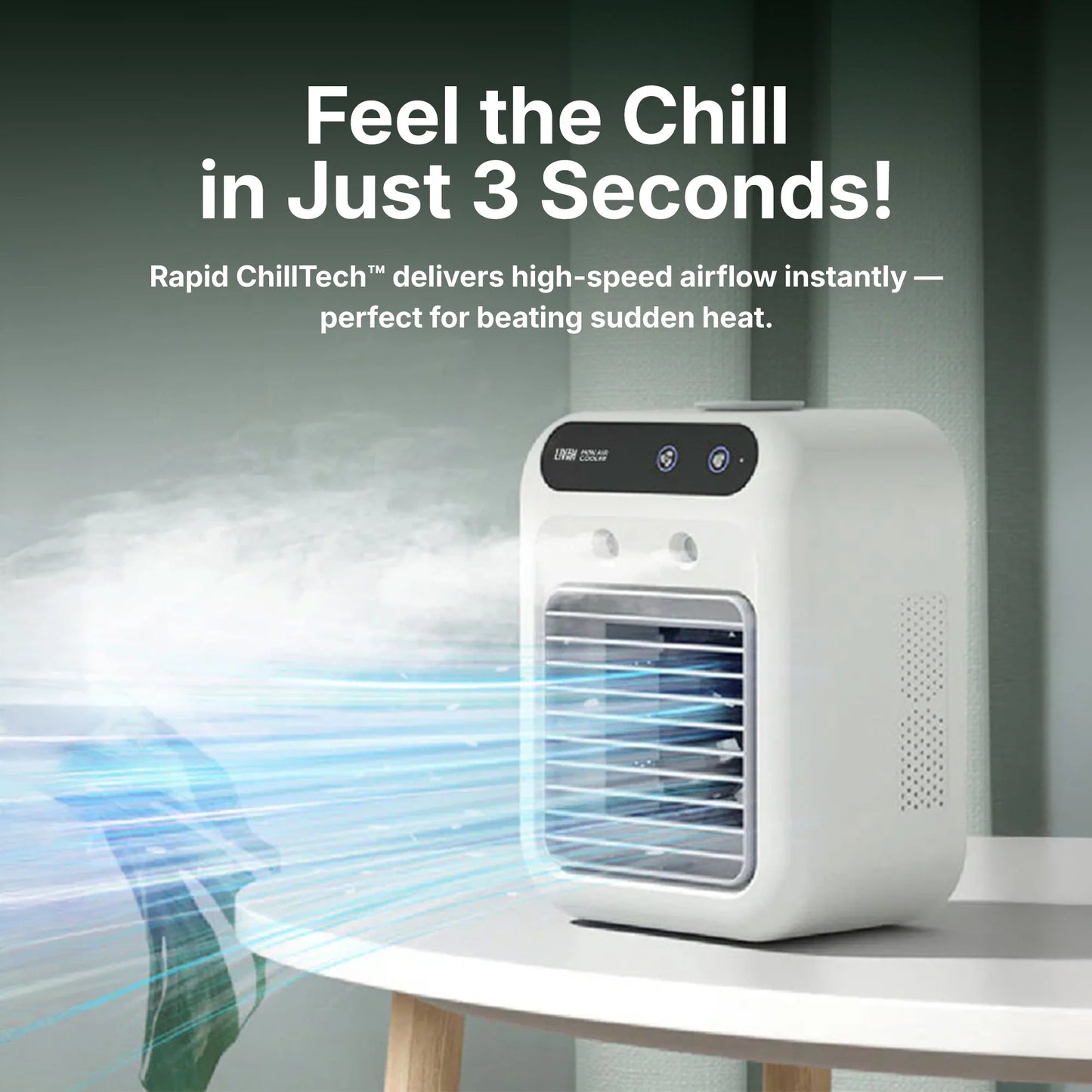 LivinH Mini air cooler with text 'Feel the Chill in Just 3 Seconds!' on a neutral background