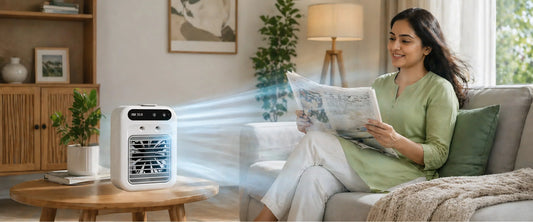 Women Reading newspaper peacefully siting in front of LivinH Mini Air Cooler