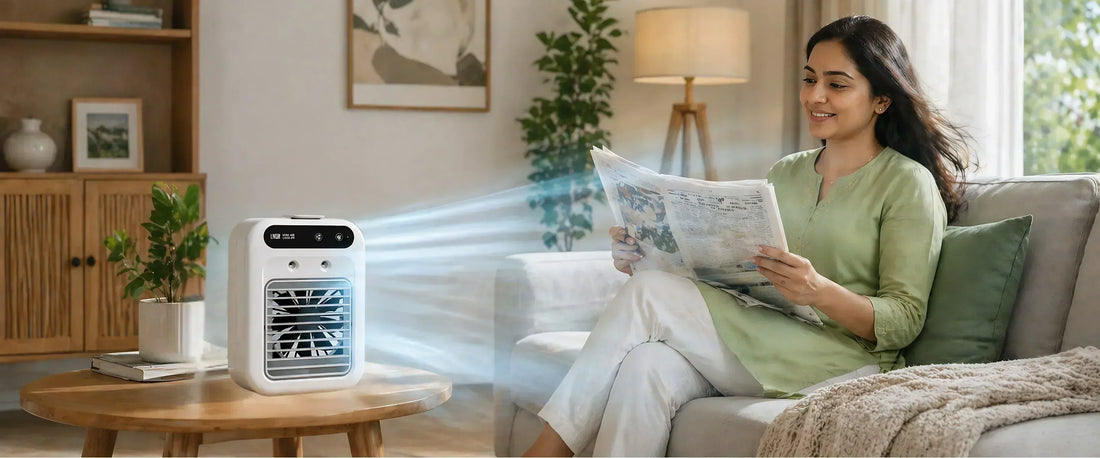 Women Reading newspaper peacefully siting in front of LivinH Mini Air Cooler