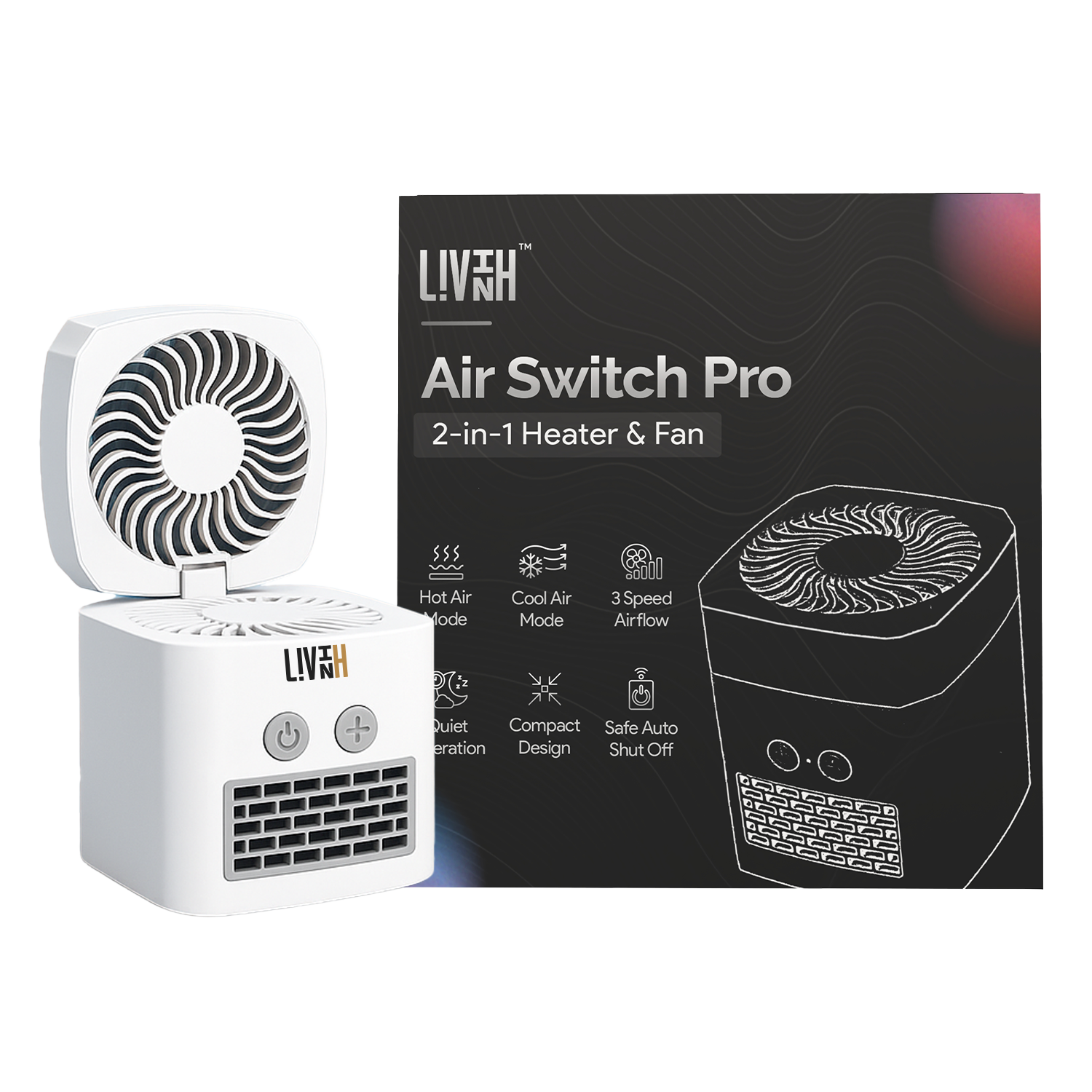 Air switch Pro, 2 In 1 Fan & Heater, Hot & Cool Air Switch, 3-Speed Cooling Airflow, Auto Shut-Off Safety, Quiet Operation, Ultra-light Compact Design for Home, Office & Travel (White, 400 W), 600 g