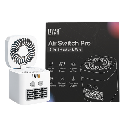 LivinH Air Switch Pro 2-in-1 heater and fan with packaging on a white background