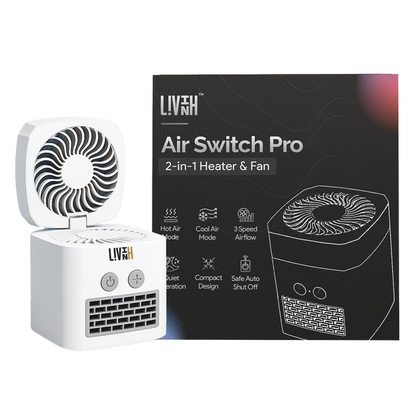 LivinH Air Switch Pro 2-in-1 heater and fan with packaging on a white background