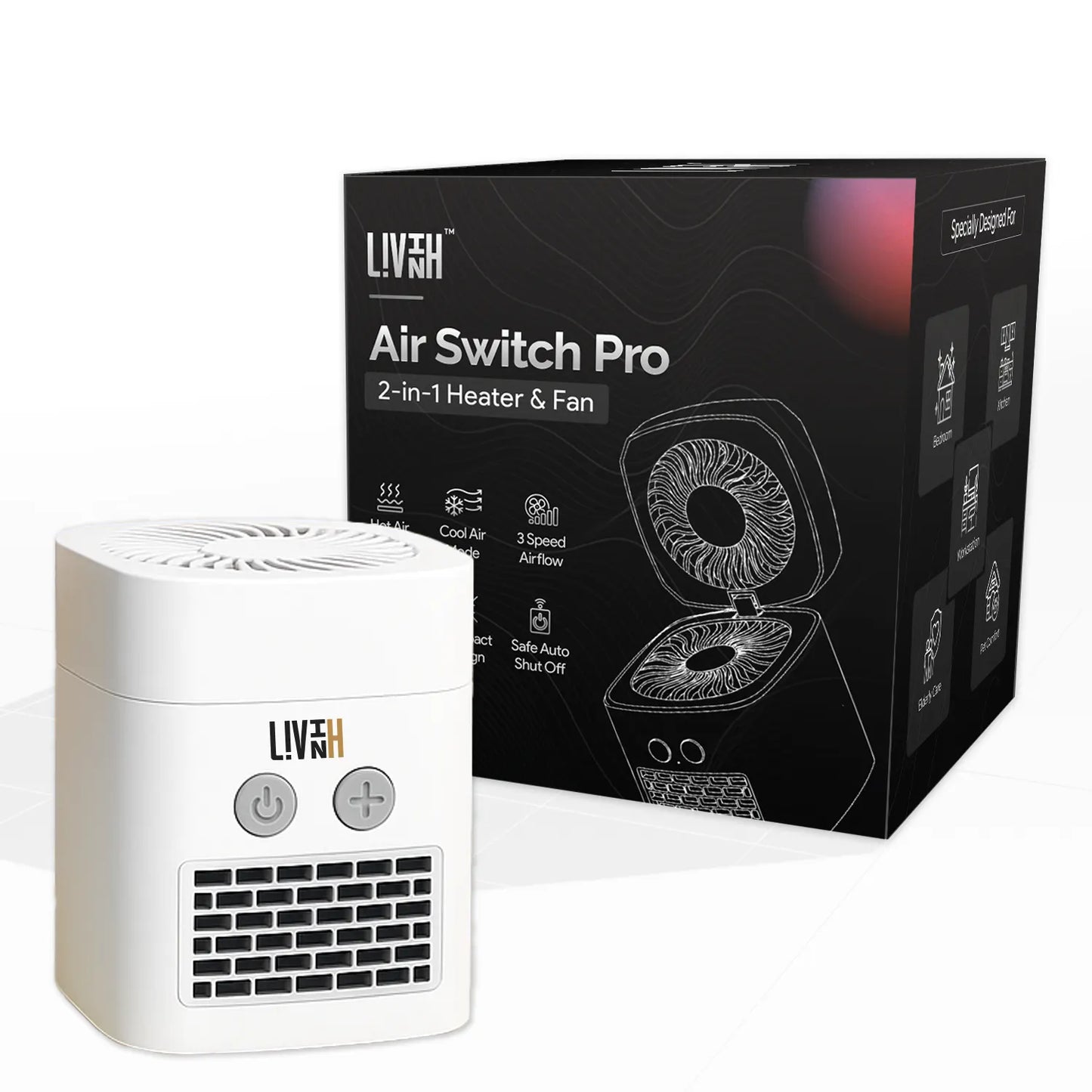 White LivinH Air Switch Pro 2-in-1 heater and fan with LivinH branding next to its packaging on a white background