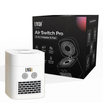 White LivinH Air Switch Pro 2-in-1 heater and fan with LivinH branding next to its packaging on a white background