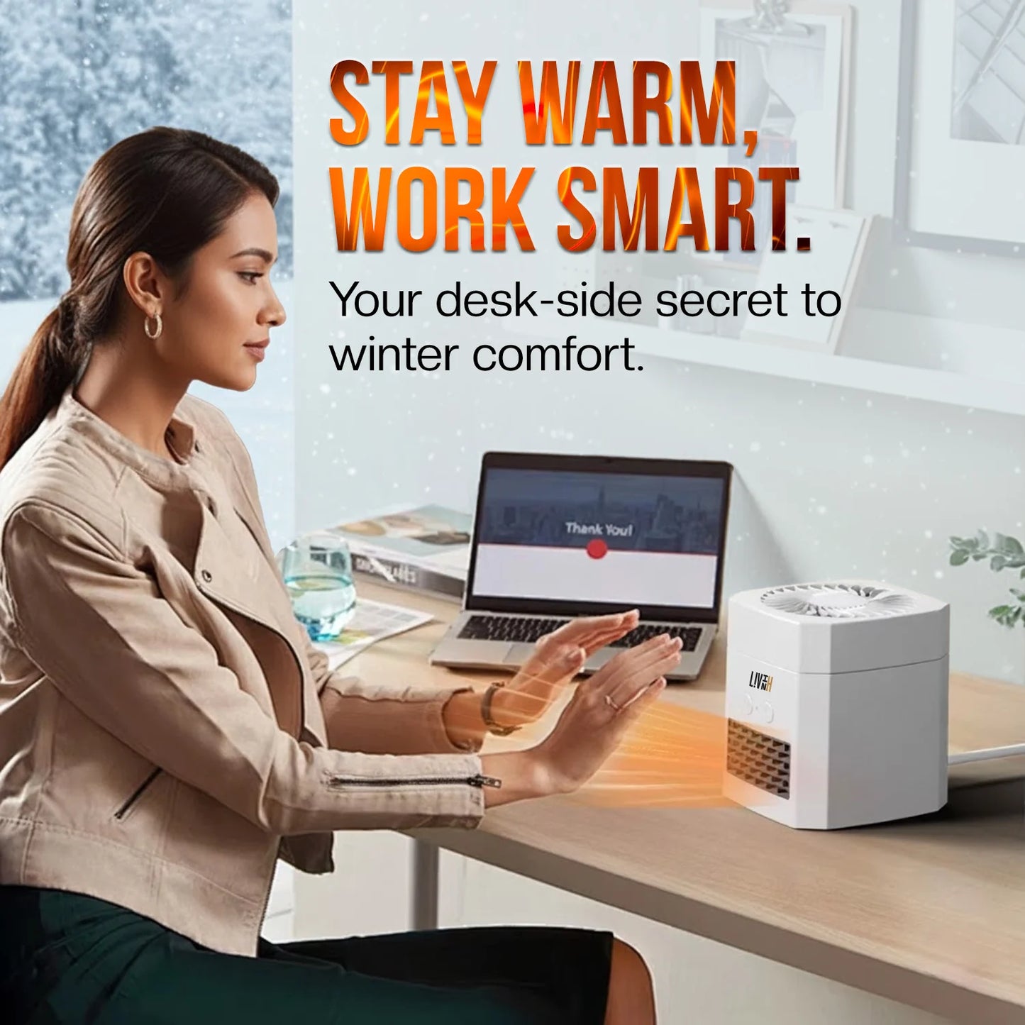 Woman at a desk with a laptop, using a LivinH Air Switch Pro 2 in 1 Heater and Fan, with text 'Stay Warm, Work Smart' in the background.