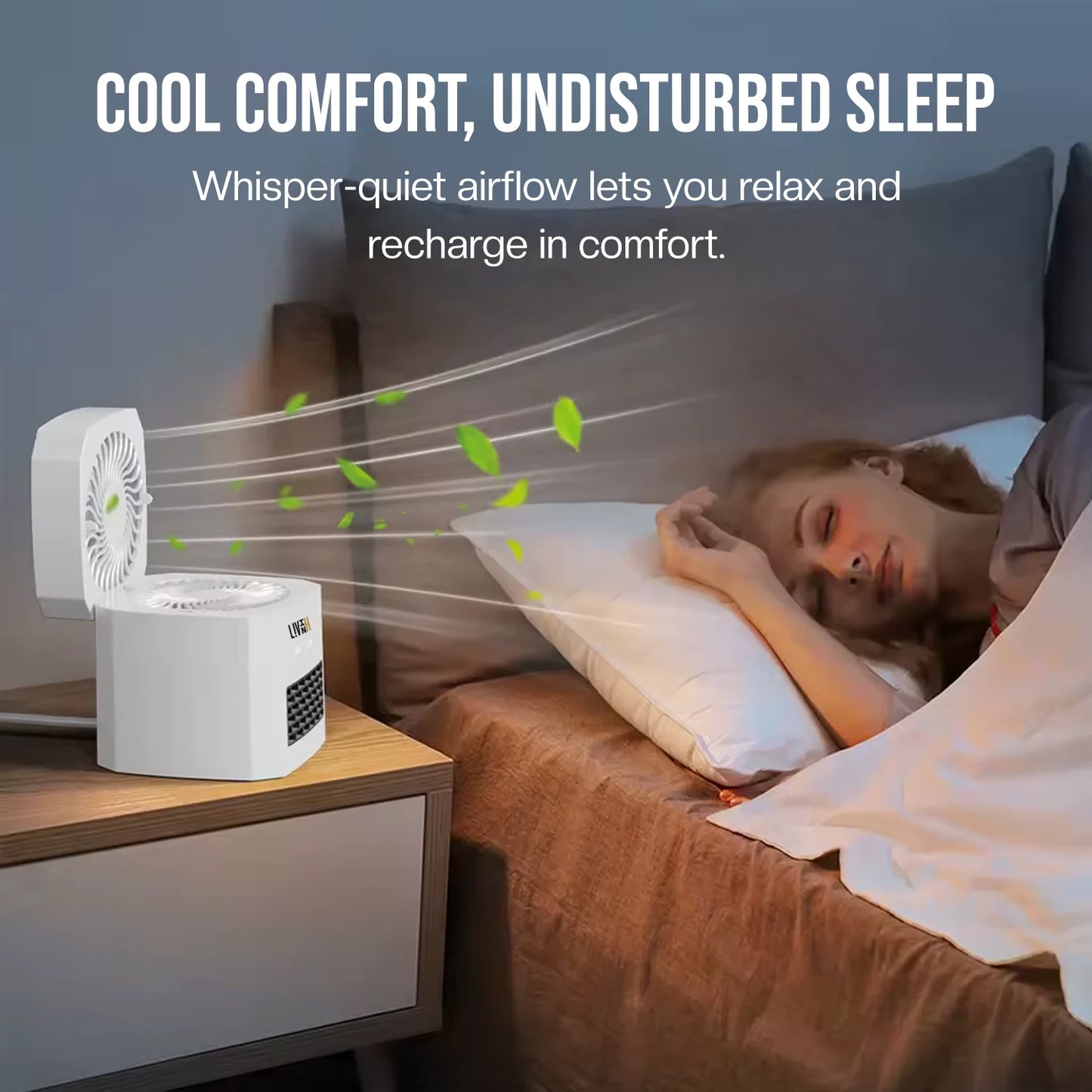 Portable LivinH Air Switch Pro 2 in 1 Heater and Fan on a nightstand next to a person sleeping in bed with text about cool comfort and undisturbed sleep.