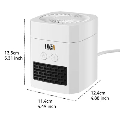 White LivinH Air Switch Pro 2 in 1 Heater and Fan with dimensions labeled on a white background