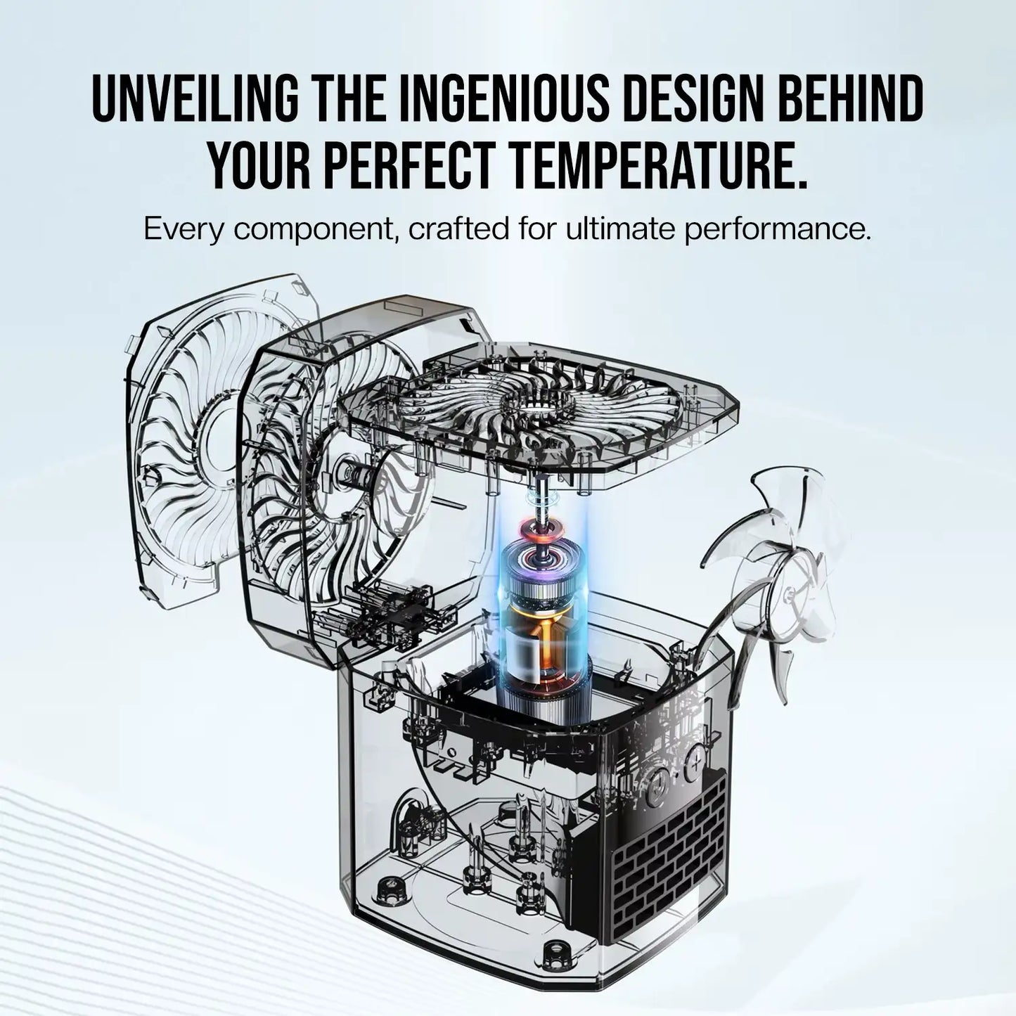 Diagram of 2 in 1 Heater and Fan cooling system with text about perfect temperature control