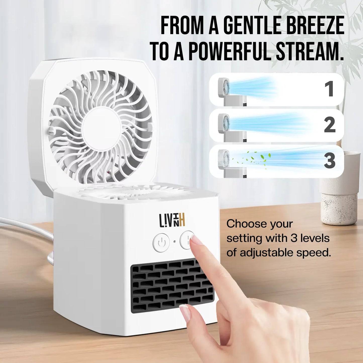 LivinH Air Switch Pro 2 in 1 Heater and Fan with adjustable speed settings on a wooden surface