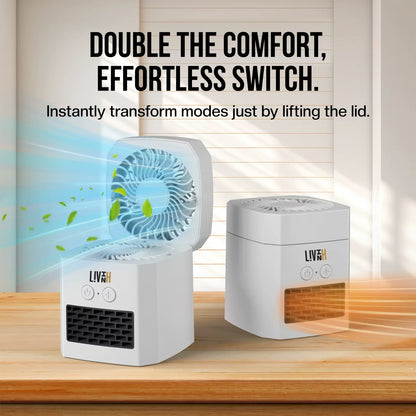 LivinH Air Switch Pro 2 in 1 Heater and Fan  on a wooden surface with text about their features.