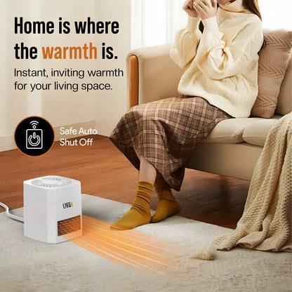 Girl sitting on a couch with a LivinH Air Switch Pro 2 in 1 Heater and Fan, promoting warmth and comfort.