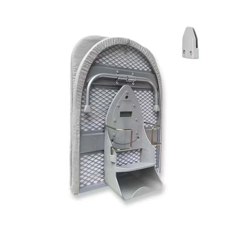 Grey Foldable ironing board with iron on a white background