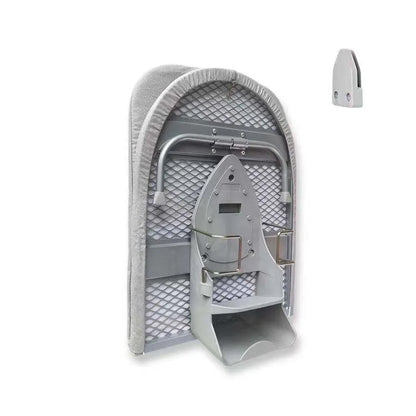 Grey Foldable ironing board with iron on a white background