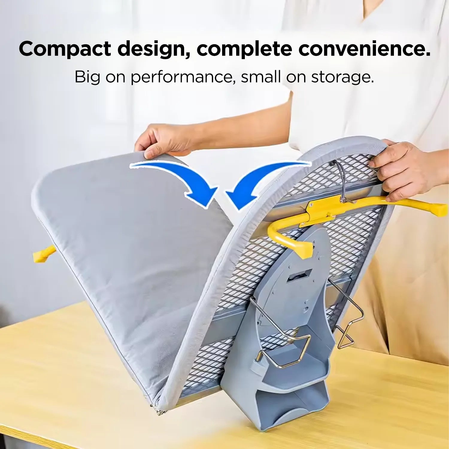 Person Folding LivinH Foldable Ironing Board with text highlighting its design and performance.