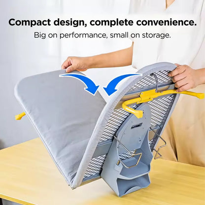 Person Folding LivinH Foldable Ironing Board with text highlighting its design and performance.