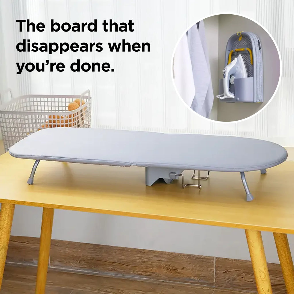 LivinH Foldable Ironing Board with a retractable design on a yellow table, with text indicating it disappears after use.