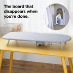 LivinH Foldable Ironing Board with a retractable design on a yellow table, with text indicating it disappears after use.