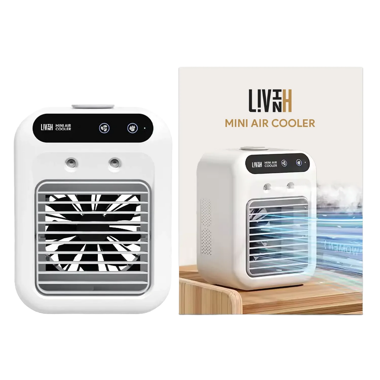 LivinH Mini air cooler with packaging on a white background