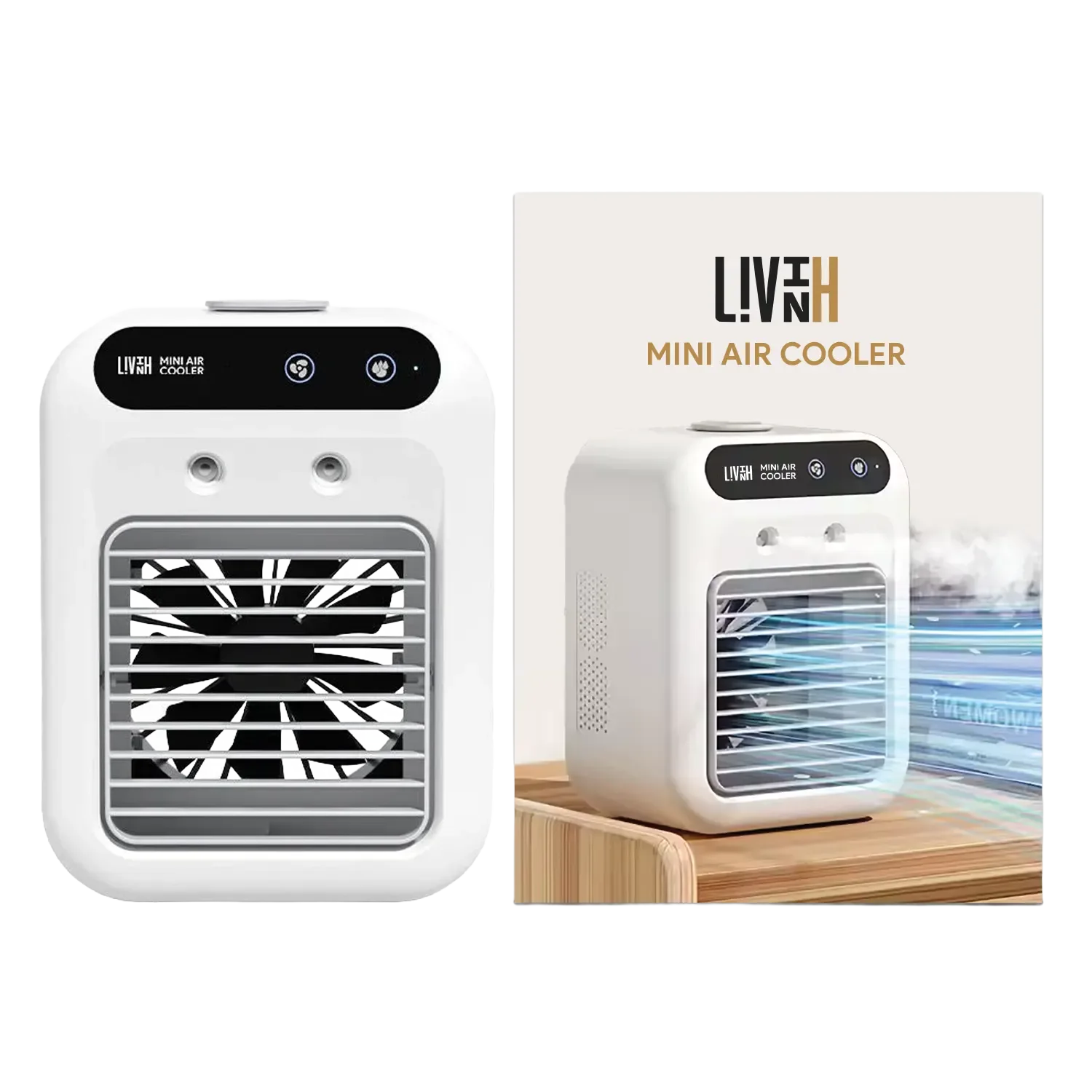 LivinH Mini air cooler with packaging on a white background
