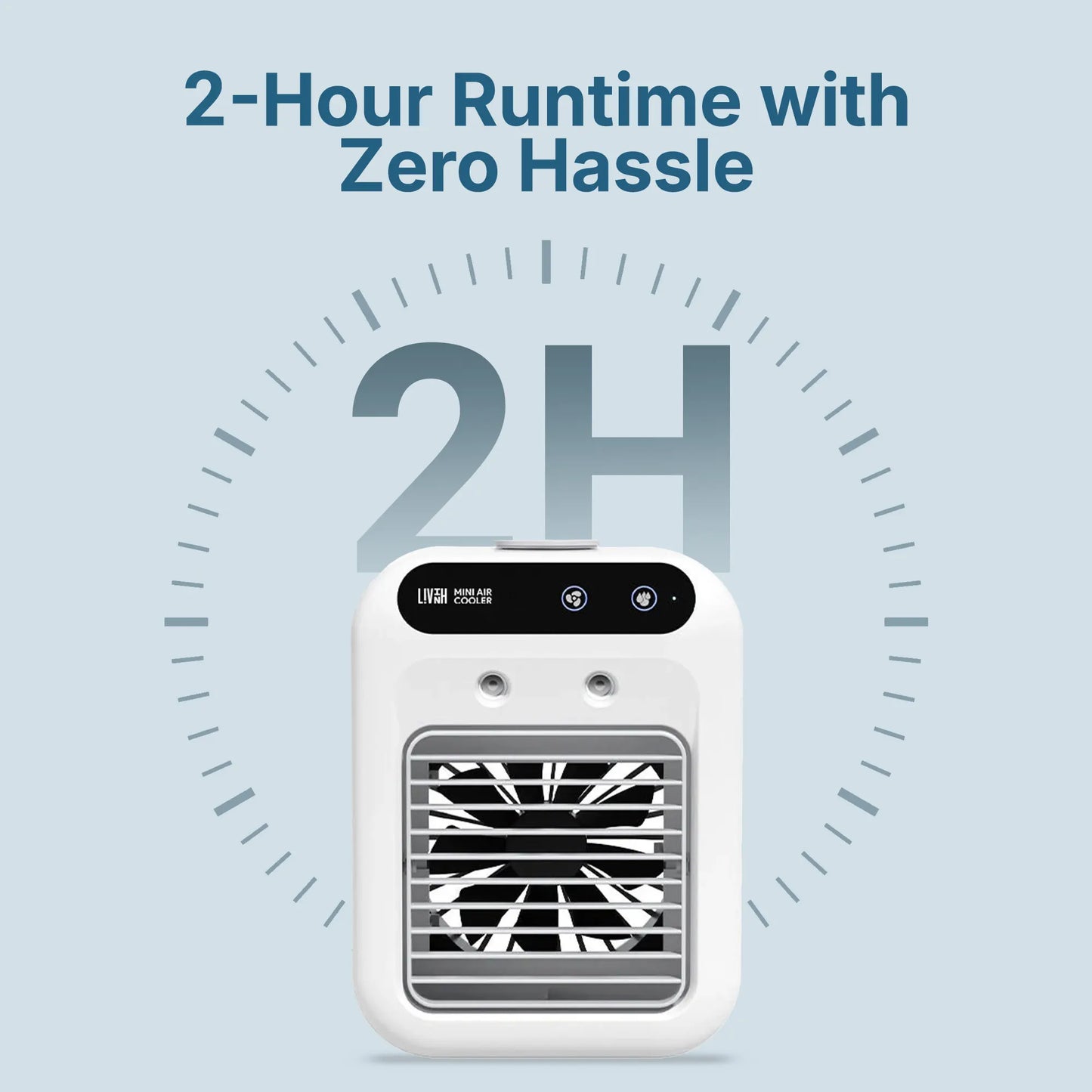 Portable LivinH Mini air cooler with 2 hour runtime text on a light blue background