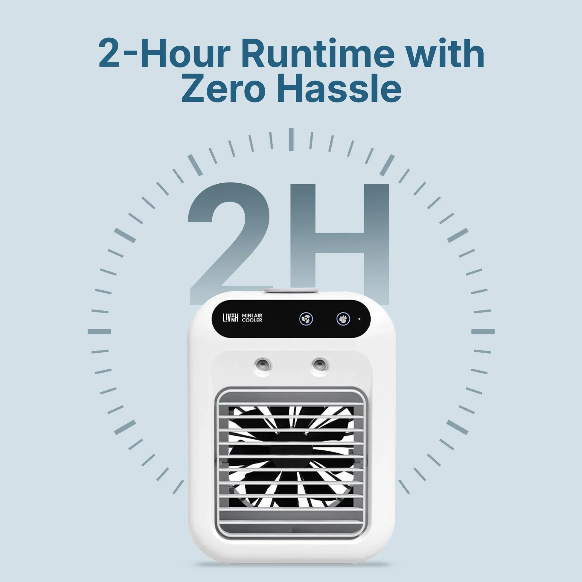 Portable LivinH Mini air cooler with 2 hour runtime text on a light blue background