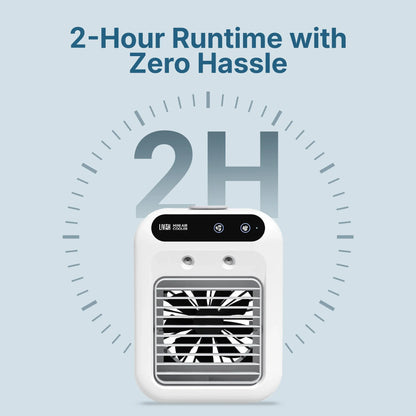 Portable LivinH Mini air cooler with 2 hour runtime text on a light blue background