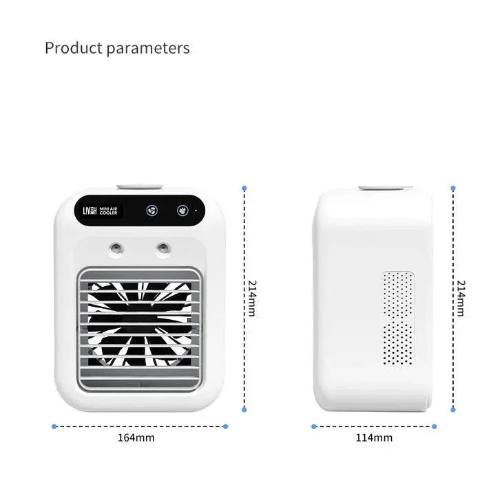 White LivinH Mini air cooler portable with dimensions labeled on a white background