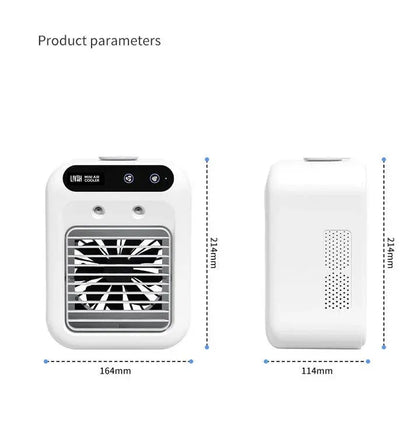 White LivinH Mini air cooler portable with dimensions labeled on a white background