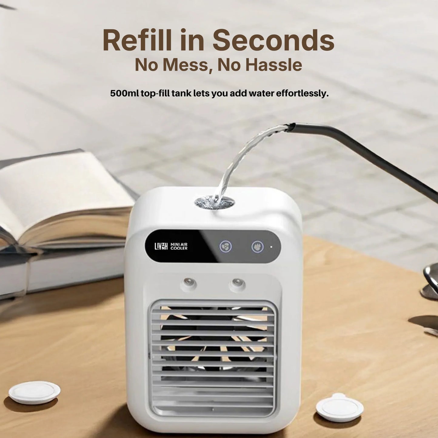 Portable mini air cooler on a table with text about quick refilling.