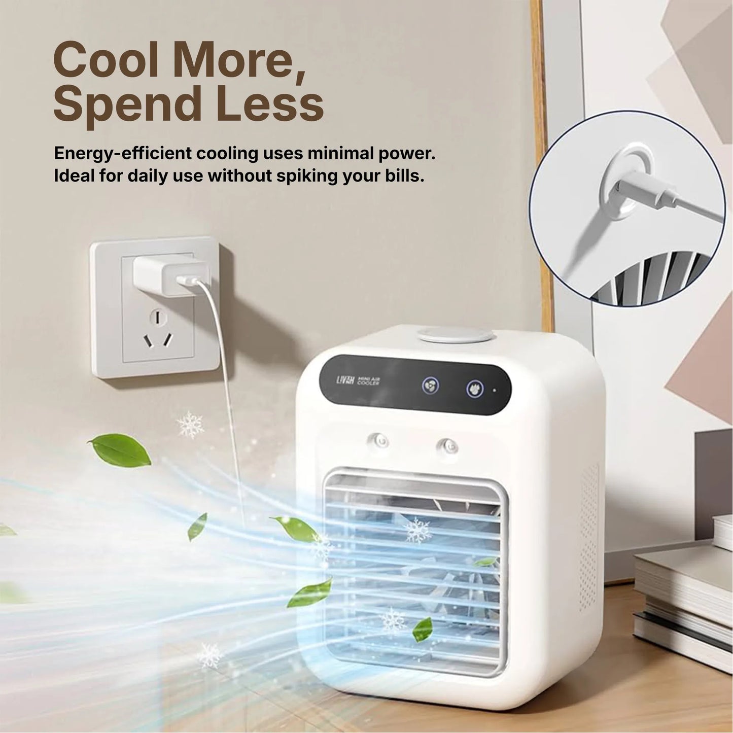 Energy efficient cooling with LivinH Mini air cooler with text on energy savings and minimal power usage.