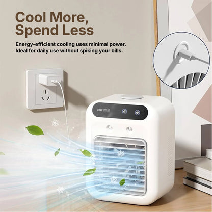 Energy efficient cooling with LivinH Mini air cooler with text on energy savings and minimal power usage.