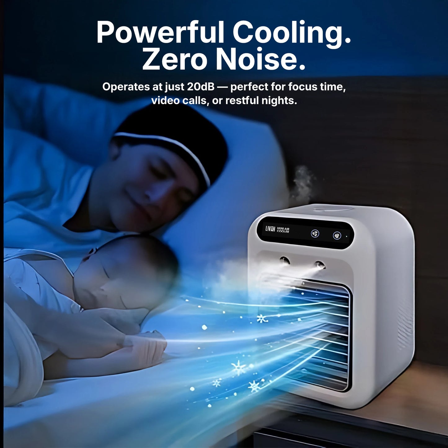 Person sleeping with LivinH Mini air cooler emitting cool air, emphasizing powerful cooling and zero noise.
