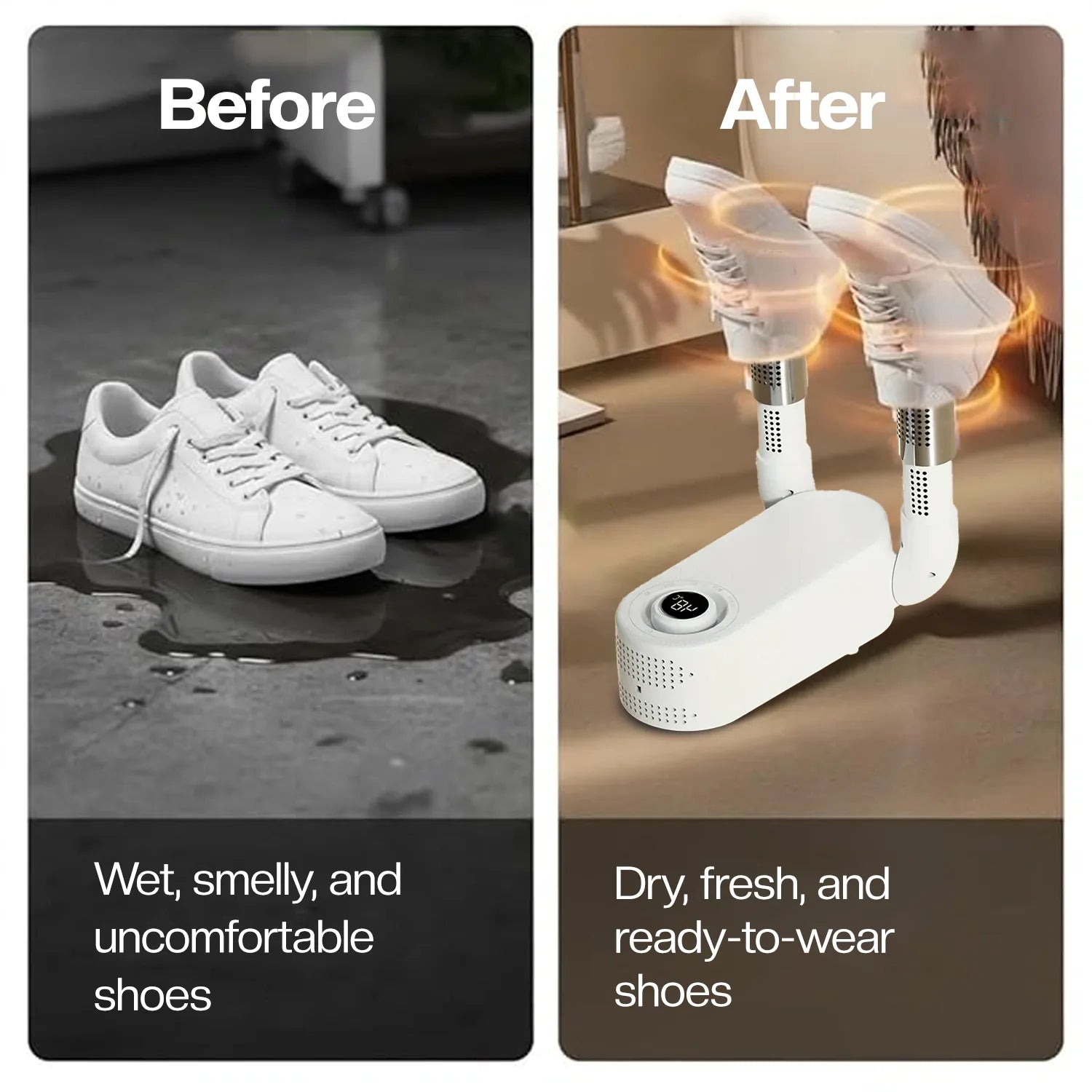 Before and after comparison of wet, smelly shoes being dried by LivinH Portable Shoe Dryer.