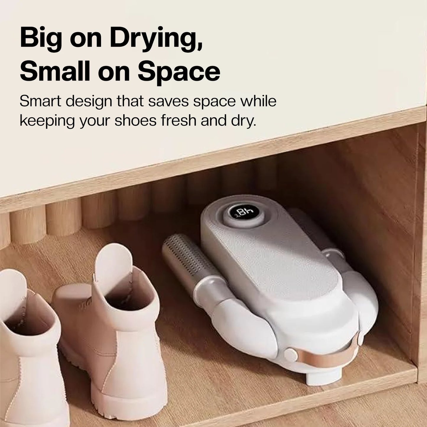 LivinH Portable Shoe Dryer placed in a wooden shelf with text highlighting its space-saving design.