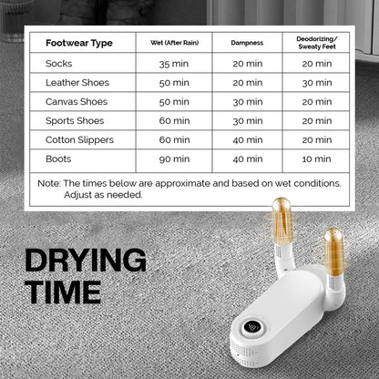 Footwear drying time chart with a LivinH Portable Shoe Dryer on a grey surface.