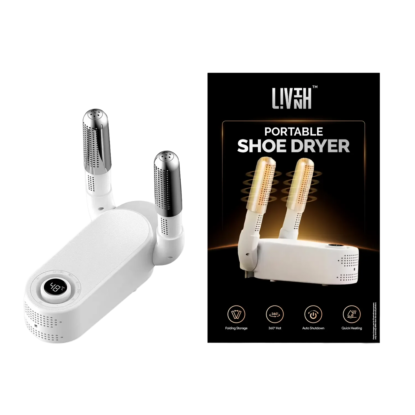 LivinH Portable Shoe Dryer with packaging on a white background