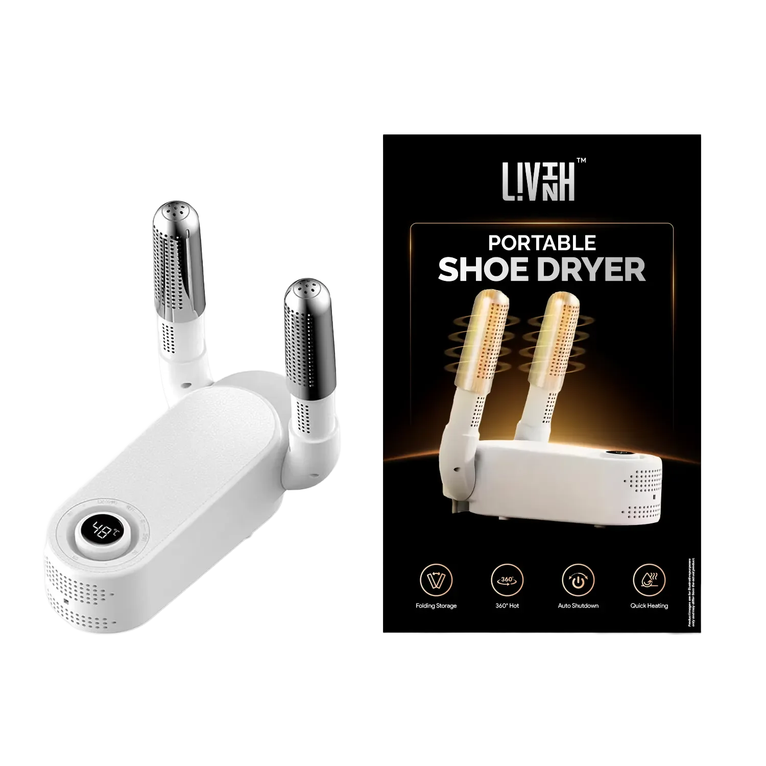 LivinH Portable Shoe Dryer with packaging on a white background